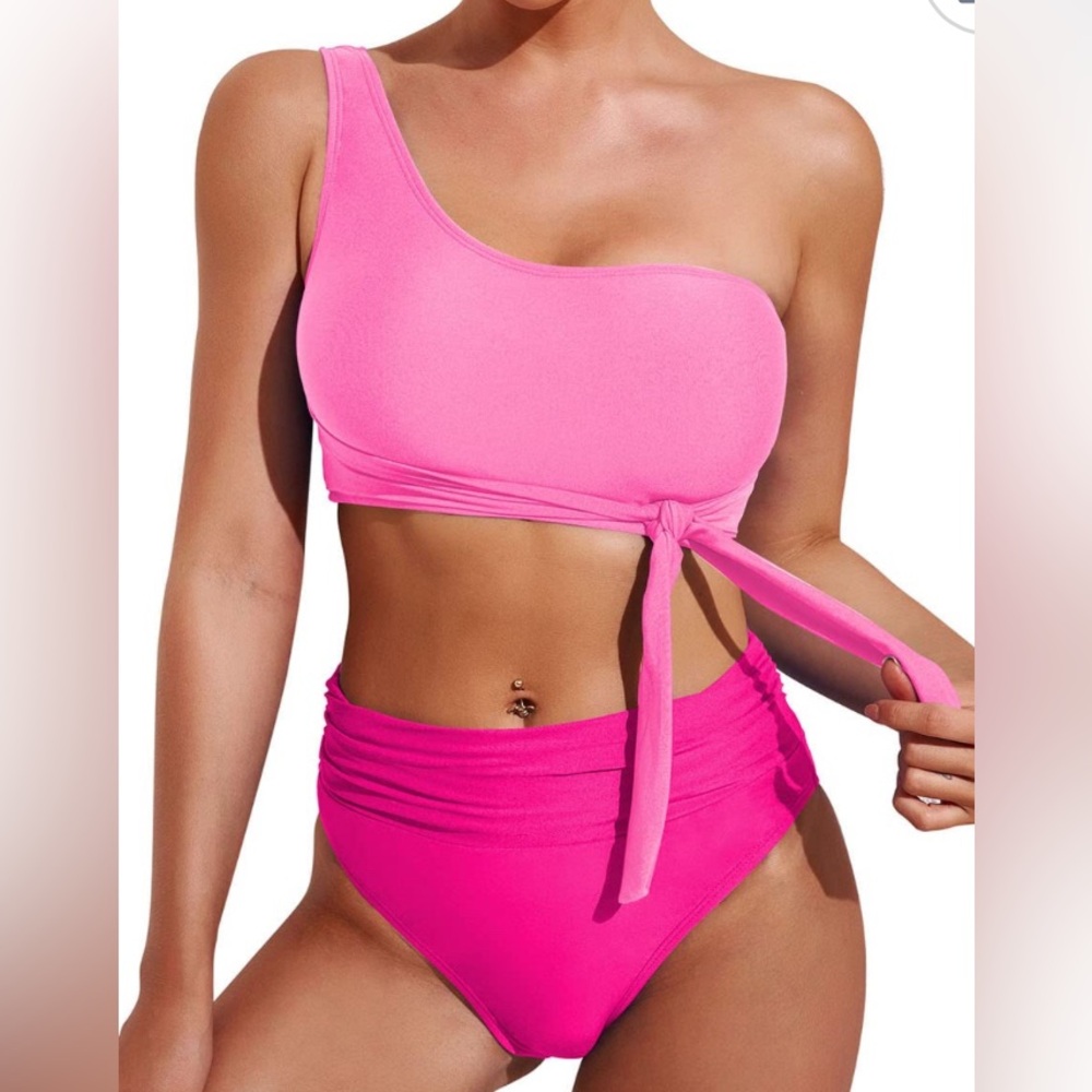 NEW Pink Queen One-Shoulder Dual Pink Bikini Swimsuit Set - Picture 1 of 4